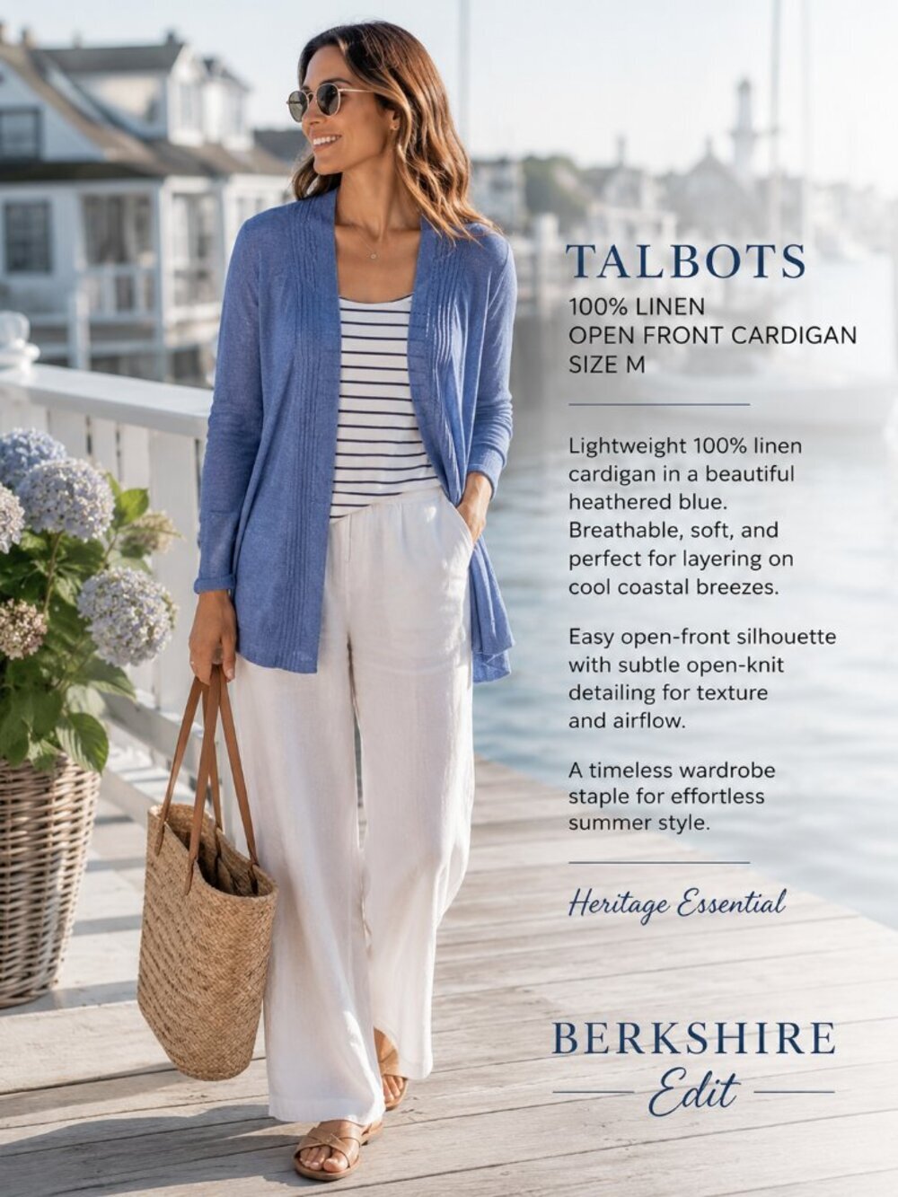 Talbots 100% Linen Open Front Cardigan Blue Lightweight Sweater M